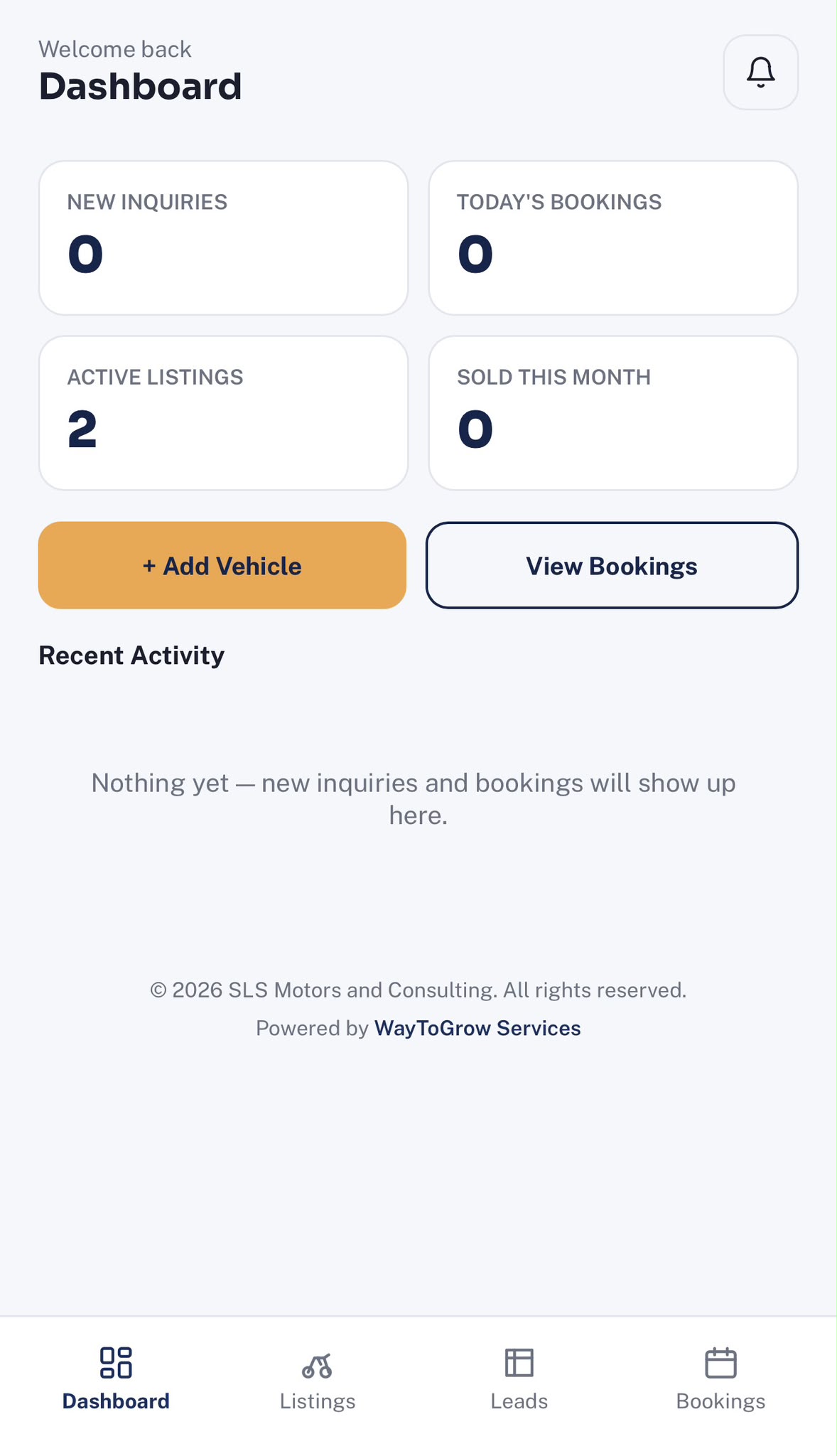 SLS Motors admin dashboard - inquiries, bookings, active listings and monthly sales