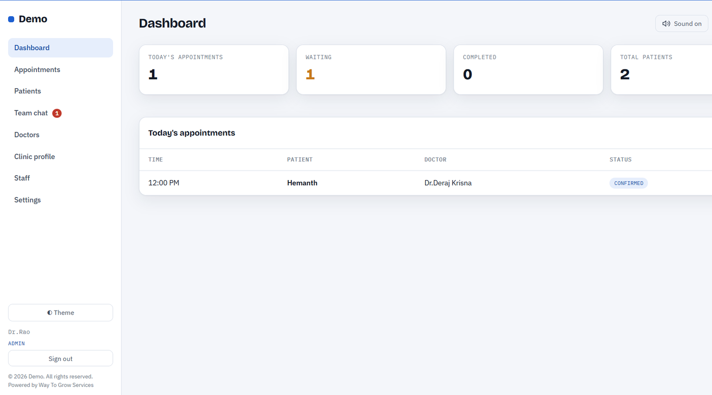Clinic Pro admin dashboard â€” today's appointments, waiting list and patient totals