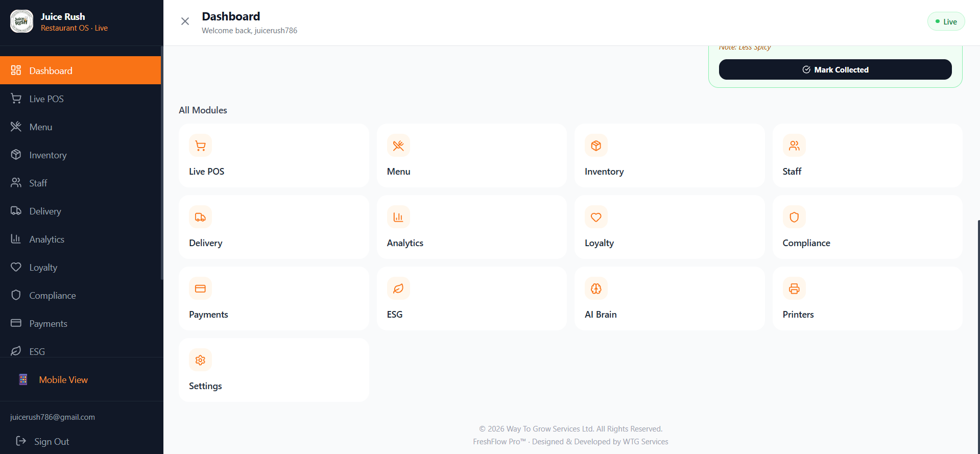 FreshFlow Pro dashboard - live orders, revenue and kitchen tracking