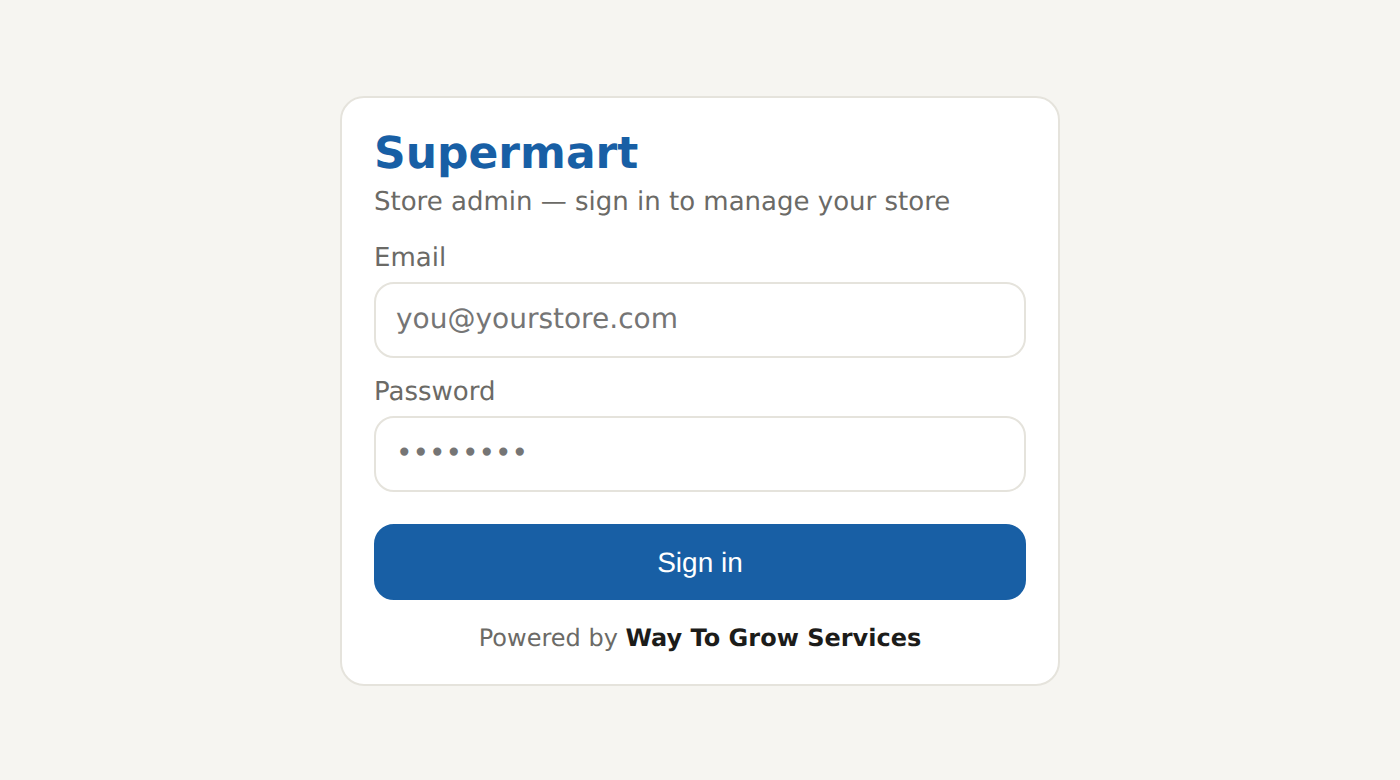 Supermart Pro store admin sign-in screen